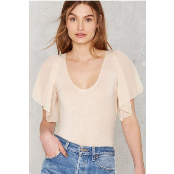 Nasty Gal Tops - Nasty Gal Natural Gaby Ruffle Sleeve Bodysuit